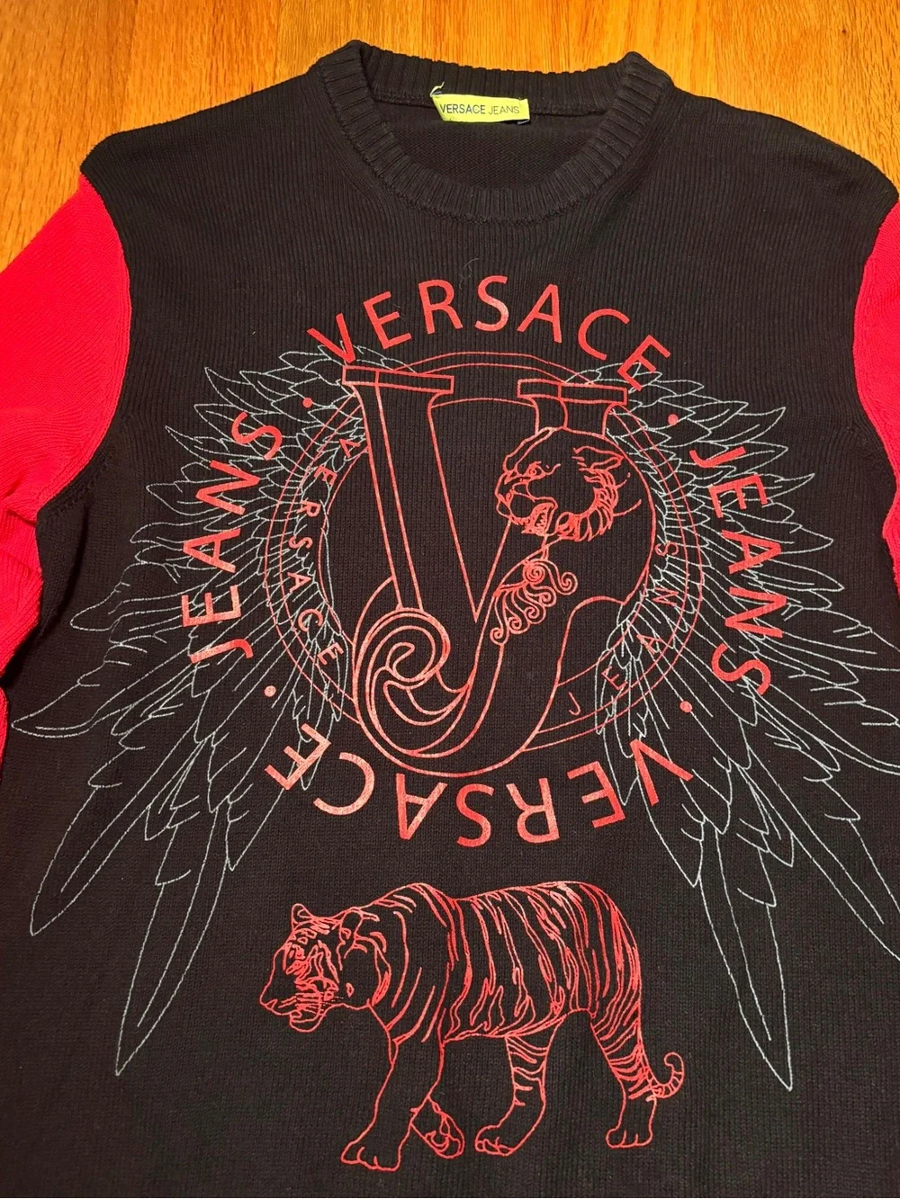 Versace Tiger Logo Black Red Two Toned Sweater